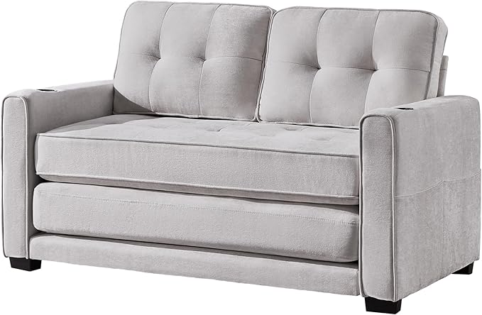 Convertible Sofa Bed Pull Out Loveseat Sleeper CouchLinen Fabric 2 in 1 Folding Couch Bed Fold Out Floor Futon Couches with Cup Holder for Living Room BedroomSmall Space Light Grey