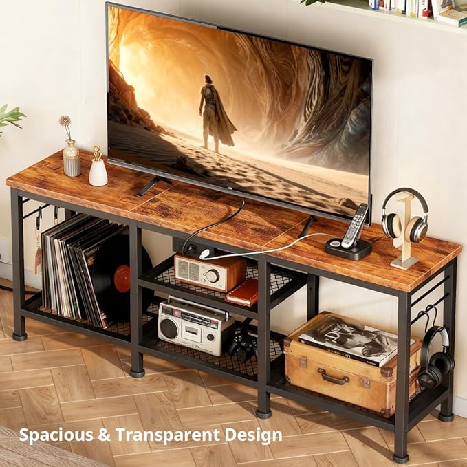 LUCKLIFE TV Stand with Charging Station for TVs up to 55 InchRustic Wood Entertainment Center with 3-Tier Storage ShelvesModern TV Media Console Table with 4 Hooks for Living RoomBedroom(Brown)