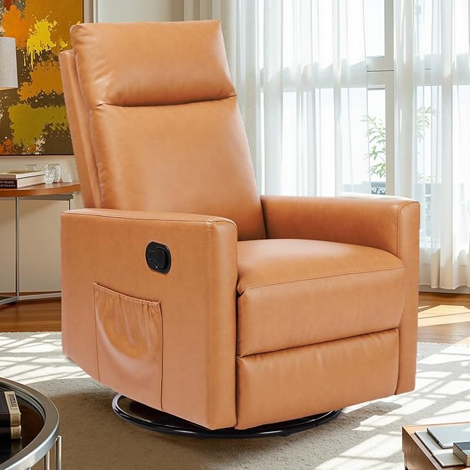 Sweetcrispy Recliner Chair 360 Swivel Rocker Chair for Adults Glider Rocker Recliners Nursery Chairs for Living Room High Back Upholstered Deep Seat Classical Brown
