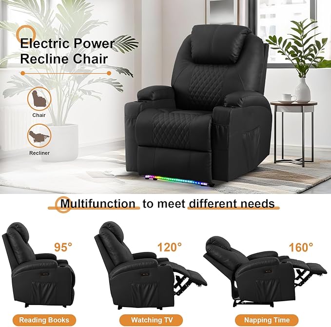 AHMED Power Recliner Chair with Vibration Massage &amp Heat for Adults Faux Leather Home Theater Seating with Cup Holders/LED Lights/USB Ports/Side Pockets for Living Room Black