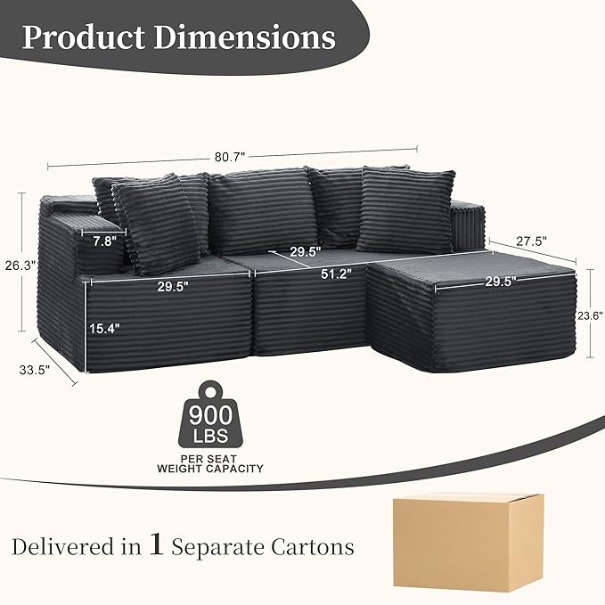 80 Cloud Modular Sectional Sofa with L-Shaped Boneless Couches for Living Room Fluffy Comfy Corduroy Deep Seat with Ottoman Bedroom Apartment No Assembly Required