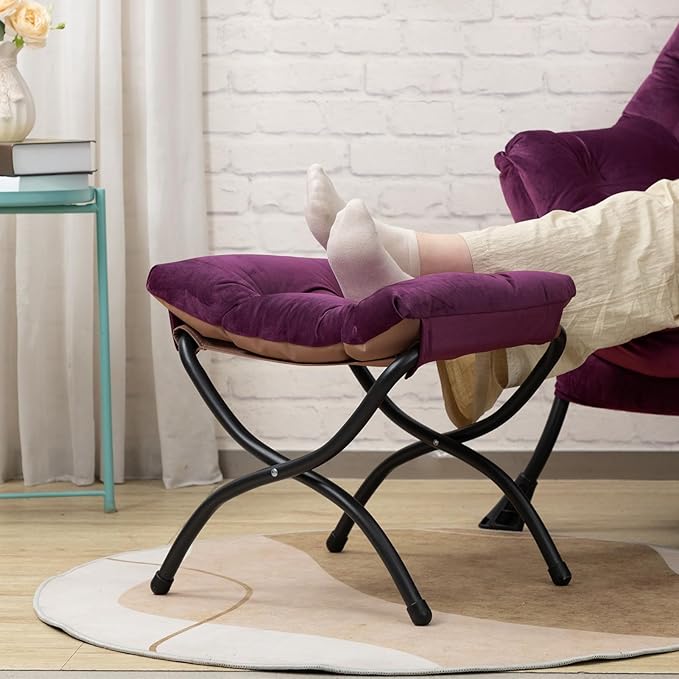 HollyHOME Lazy Chair with Foldable Ottoman Accent Comfy Lounge Armchair and Folding Footrest Stool Leisure Sofa Reading Chair and Footstool for Living Room Bedroom DormVelvet Purple