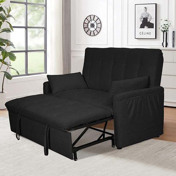 Oversized 3-in-1 Convertible Sleeper Sofa Bed Futon Couch with Pullout Bed 2-Seater Loveseat Sofa w/Pockets Adjustable Backrest and Pillows for Living Room Apartment (Black-Button Tufted)