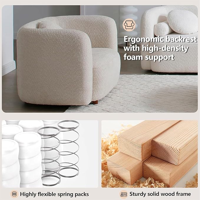 Set of 2 Oversized Accent Chairs Modern Boucle Lounge Chairs for Living Room Minimalist Japandi Seating with Thick Cushion Cozy Upholstered Armchairs for Bedroom Apartment Small Spaces Beige