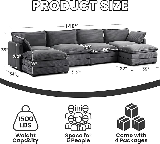 Modular Sectional Sofa 148 U-Shaped Sectional Couches for Living Room 6 Seat Modern Corduroy Cloud Couch with 2 Ottoman for Bedroom Office Apartment Dark Grey