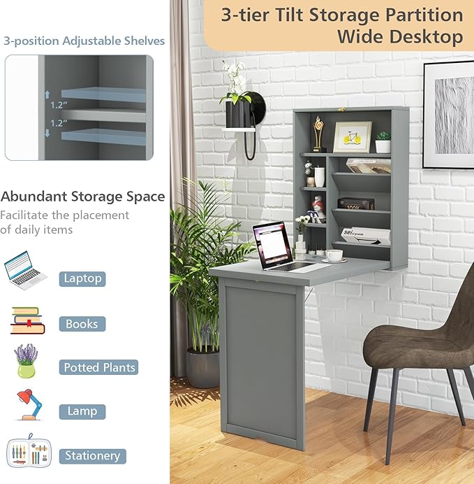 GOFLAME Wall Mounted Folding Desk with 3-Tier Tilt Storage Partition and Adjustable Shelves Space-Saving Convertible Writing Desk for Home Office Gray