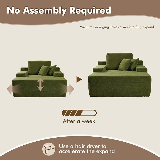 48 Oversized Chaise Lounge Indoor Upholstered Sofa Bed Sleeper Couch Reading Fluffy Plush Cloud Sofas Couches for Living RoomGreen-Velvet
