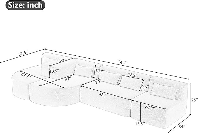 Modern 143.7 Upholstered Sectional SofaFree-Combined Sofa Couch with Two Chaise Lounge and Five Back Pillowsfor Living Room Bedroom (Blue#4)