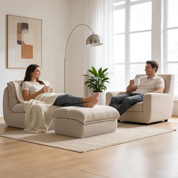 Boneless Chaise Lounge Chair Indoor Adult Bean Bag Chair with Ottoman Memory Foam Stuffed Lazy Sofa for Comfy Floor Sofa Lounge for Living Room Bedroom Office Apartment