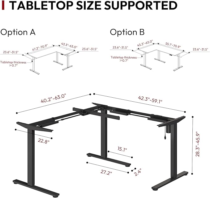 SANODESK Electric Height Adjustable 3-Leg L Shaped Standing Desk Frame Support up to 220lbs Sit Stand Ergonomic L Desk Frame Only Black