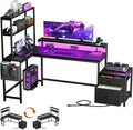 REAHOME 70 Inch L Shaped Desk with File Drawers and Reversible Storage Shelves Computer Desk with Power Outlet &amp LED Strip Home Office Desks Writing Study Desk for Bedroom Carbon Fiber Black