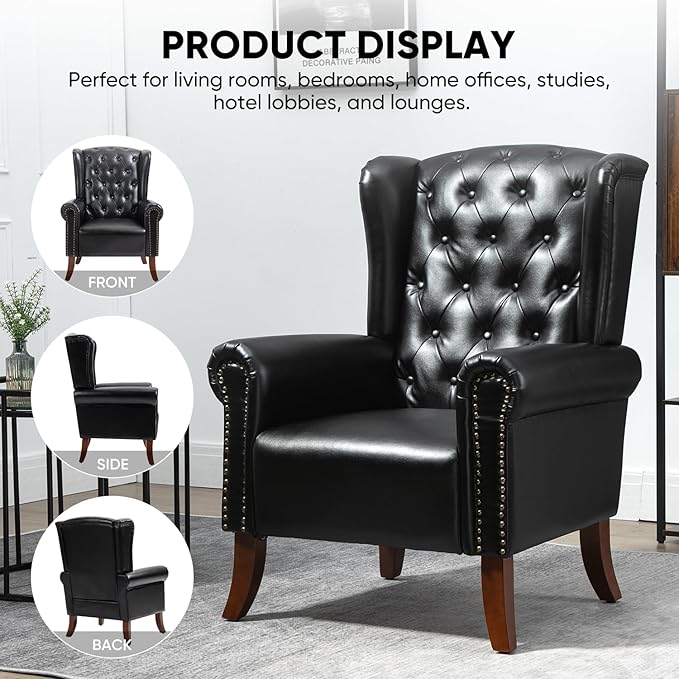 MOJAY Faux Leather Accent Chairs Set of 2 Mid-Century Modern Living Room Chairs Upholstered Club Arm Chair Single Sofa Chair with Solid Wooden Legs for Bedroom Study Home Office Lounges (Black)