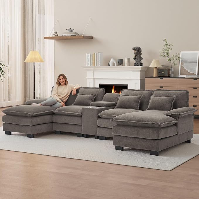 OUYESSIR U Shaped Cloud Sectional Couch 124 Fluffy Modular Sofa Set with Double Chaise Lounge Central Console &amp USB Port Comfy Chenille Big Sectional Couches for Living Room Stone Grey