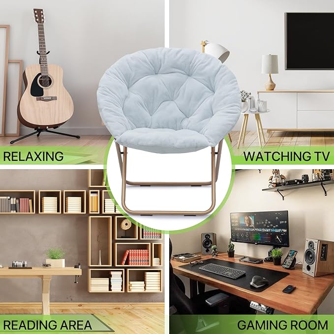 Magshion Folding Saucer Chair for Adults with Ottoman Circle Reading Chair for Bedroom Living Room &amp Dorm Furry Comfy Accent Seat with Metal Leg &amp Thick Padded for Small Spaces (Blue 1 Pac