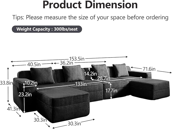 Modular Sectional Cloud Couch 153.5'' Boneless Couch Sofa with Deep Seat Corduroy Modern Sofa for Living Room No Assembly U-Shaped Black