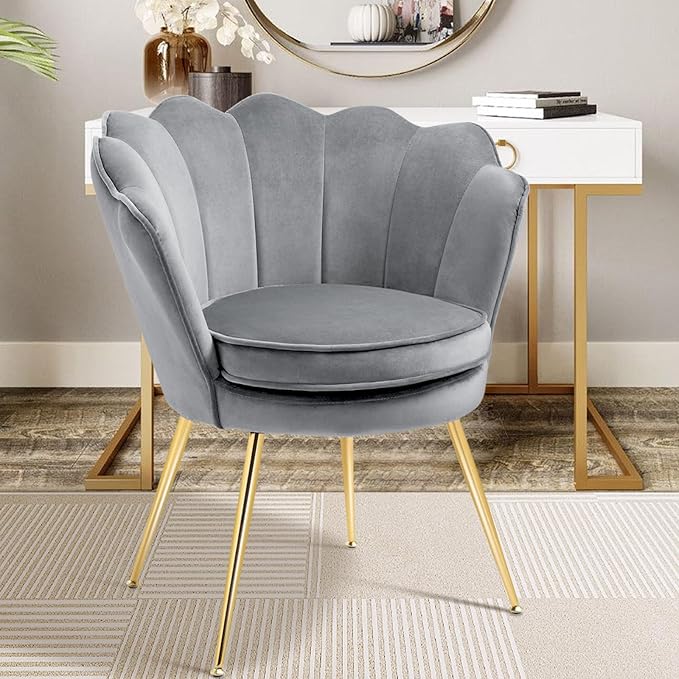 Accent Chairs Set of 2 for Living Room Velvet Upholstered Makeup Room Vanity Chair with Back Golden Metal Legs Small Accent Side Chair for Bedroom Cloud Chair Set 2 Pcs Light Grey