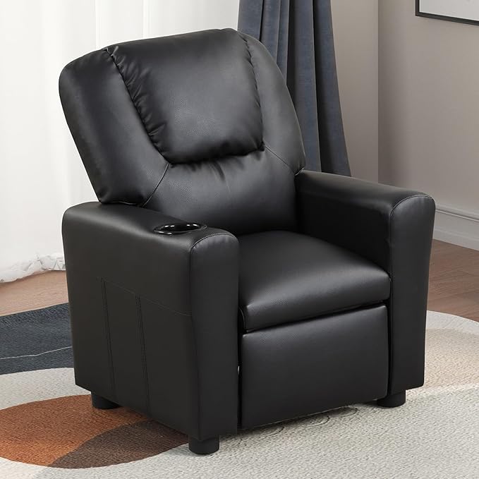 Recliner Chair for Living Room PU Leather Recliner Chair Winback Single Sofa Home Theater Chairs Adjustable Modern Reclining Chair with Padded Seat Backrest for Kids (Black)