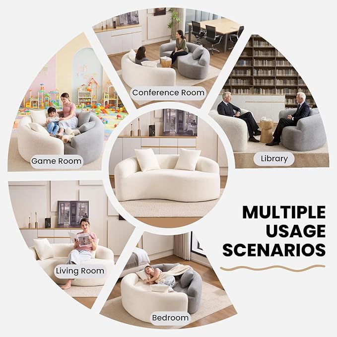 66.9'' Modular Sectional Loveseat Chenille Upholstered Boneless Curved Loveseat with Deep SeatCombination Round Sofa for Coffee Shop Game Room Office (Cream White 66.9 Inch)