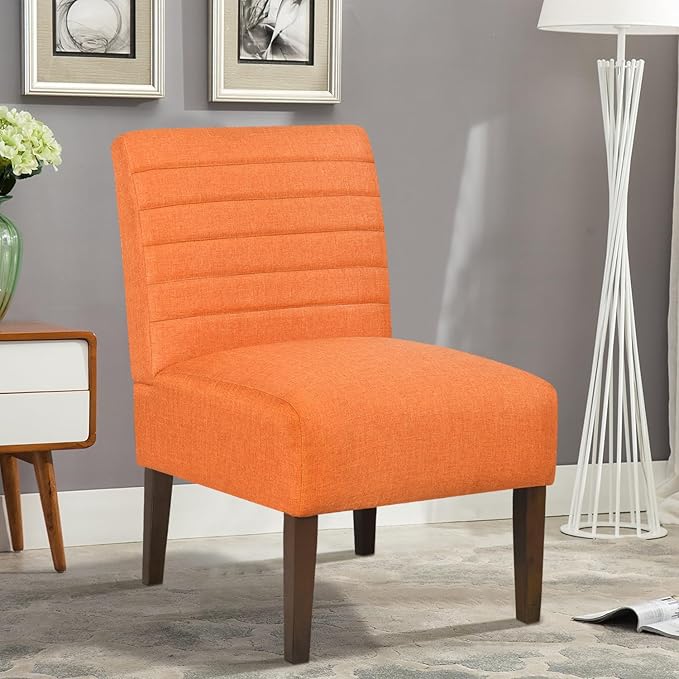 Slipper Accent Chair Modern Armless Lounge Chair with Wood Legs Upholstered Makeup Vanity Tufted Side Chair Fabric Comfy with Decor Back for Living Room Bedroom Patio (Horizontal Back Orange)
