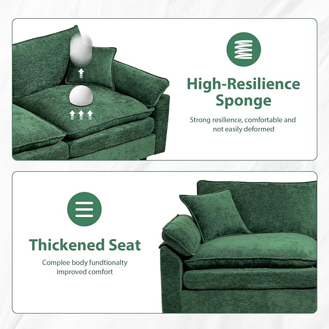 Chenille Modular Sectional Sofa 111.8'' Comfy Cloud Sofa Couch with Remove Ottoman Large L-Shaped Sofa for Living Room Extra Deep Seat Sofa with Pillows DIY Green