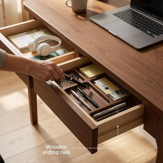47 Executive Computer Desk with Smooth Drawers Walnut - 24 Deep Modern Minimalist Dual-Monitor Workstation Heavy-Duty