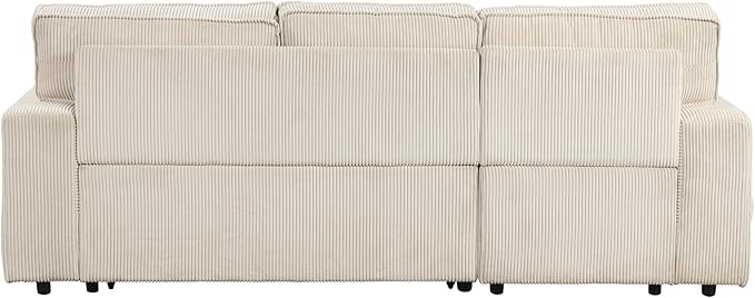 Sleeper Sofa 96 Corduroy 2-in-1 Pull Out Sofa Bed Convertible Sofa Bed Couch with Storage Chaise L Shaped Sofa with Hidden Cup Holders 3 Seater Sofa for Living Room Apartments Beige