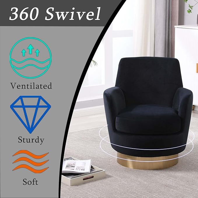 Velvet Swivel Accent Chairs for Living RoomComfy Swivel Barrel Chair with Foam Cushion Round Swivel Chair &amp Boucle Swivel Chair with High Back Round Armrest Gold Base (Black)