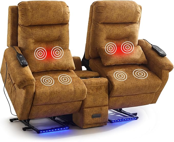 SAMERY Loveseat Recliner Sofa Power Lift Recliner for Elderly with Massage and Heat Electric Reclining Loveseat Sofa Couch with Console Cup Holder Outlets USB Drawer (Yellow Lift Loveseat) | Ea
