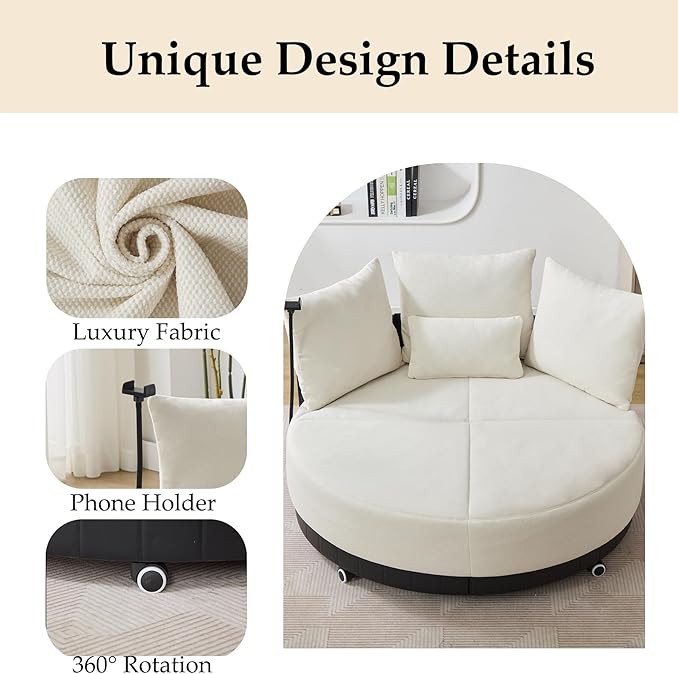 Anwick 52'' Oversized Round Swivel Chair360° Swivel Chair with Adjustable Phone Holder and 4 Pillows Upholstered Couples Chair with Rotating Pulley for Living Room Bedroom Lounge Hotel (Beige)