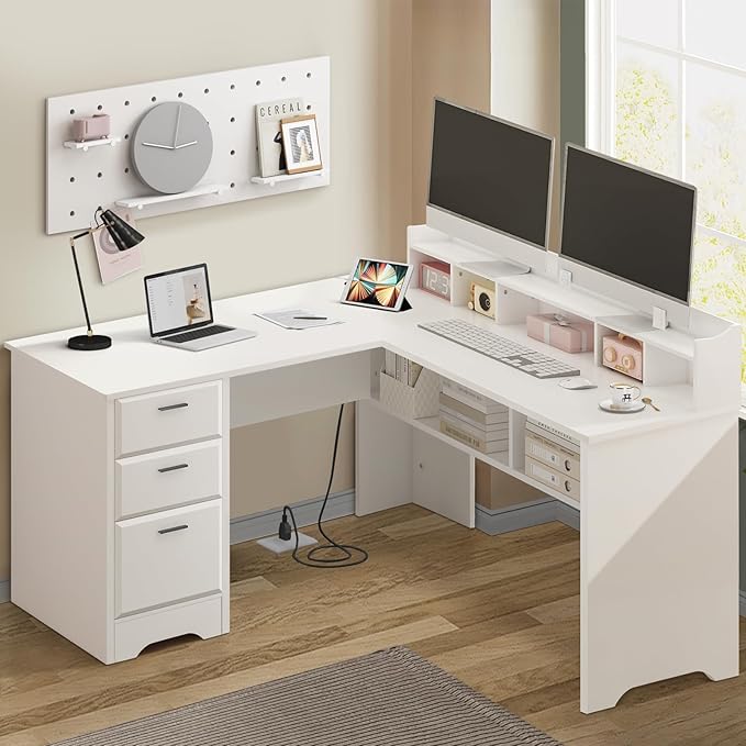 White L Shaped Desk with 3 Drawers 60 inch L Desk with Moveable Hutch and Power Outlet Large Home Office Corner Computer Desk with Storage File Cabinet
