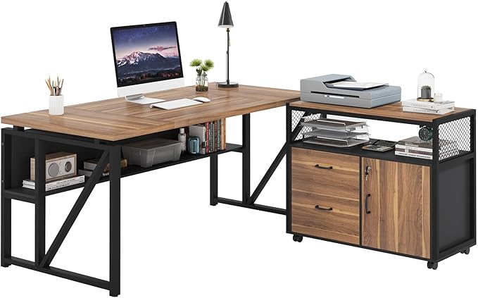 Tribesigns 63 Executive with Drawer Cabinet L Shaped Desk and Lock lateral File Cabinet 2 Piece Home Office Furniture Set with Drawers for Hanging File (Brown 63 inches)