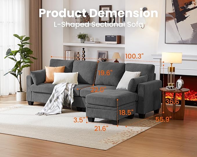 CHIC HOUSE Corduroy Modular Sectional Couch with Ottoman Chaise L/U Shaped Sleeper Sofa for Living Room Apartment Lounge Modern Armrest Neck Support Furniture (Dark Grey5 Seater Sectional)
