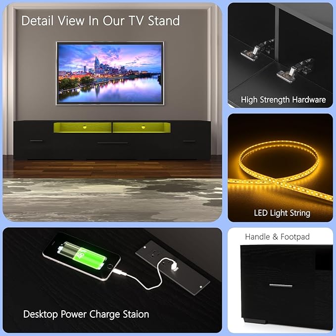LED TV Stand for 55 65 75 85 Inch TV Minimalism Entertainment Center with LED Light Symmetric Assembled TV Console TV Table with Large Storage for 60 70 80 Inch TV for Living Room Black