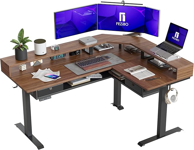 FEZIBO L Shaped Standing Desk with LED Strip &amp 2 Drawers Triple Motors Supports Over 300lbs Upper and Lower Storage Shelves Available Electric Height Adjustable for Home Office Black Walnut