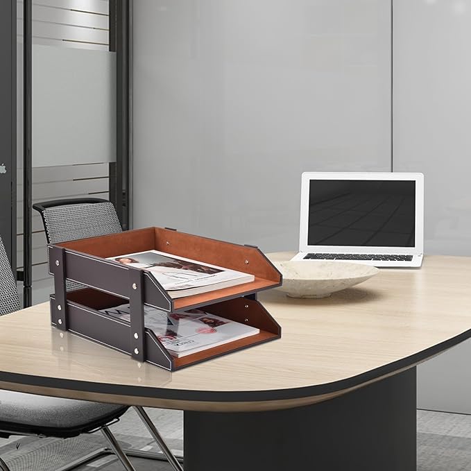 Leather Desk Organizer2-Tier Stackable Letter Tray HolderOffice Supplies Desktop Storage Box for DocumentStationeryMagazinesNewspapersLetters and Other Home Office Paper SundriesCoffee