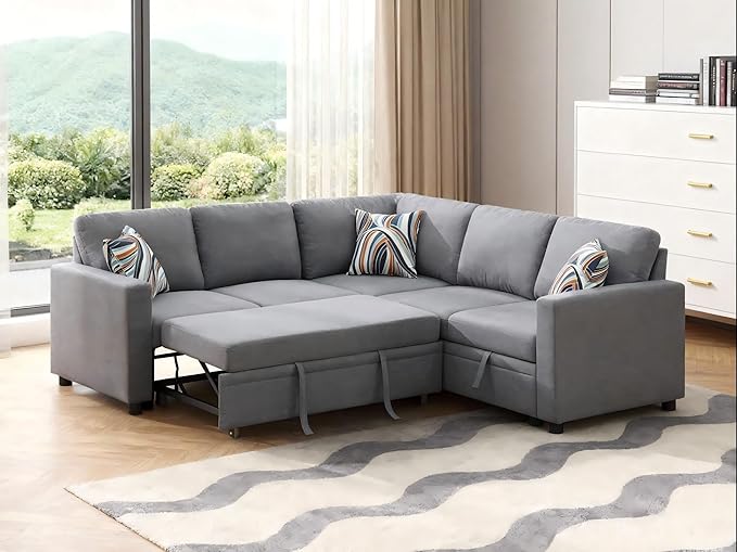 Pull Out Sleeper Sofa Sectional Couches for Living Room 5-Seater Pull Out Couch with Storage Convertible Sofa Bed for Small Space Guest Room Apartment Gray