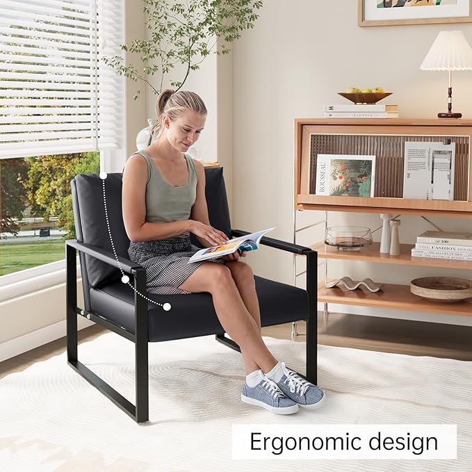 Accent Chair Set of 2 Leather Modern Comfortable Waiting Room Chairs Easy to Clean Couch Chair for Living Room Bedroom Office (Black)