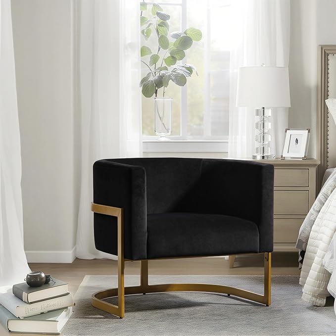Modern Black Accent Chair Velvet Barrel Chair Padded Seat Upholstered Comfy Armchair for Reading/Living Room/Bedroom/Club Side Chairs with Luxury Gold Frame