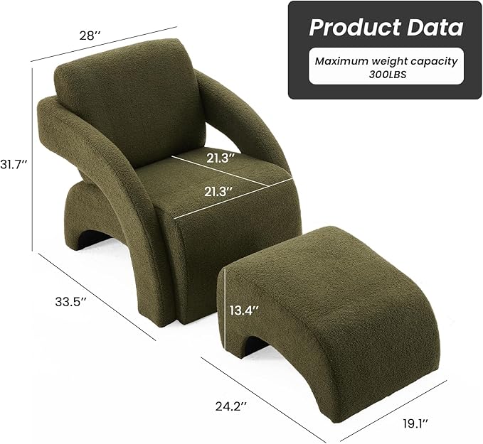 Soohow Upholstered Armchair with Ottoman – Plush Bouclé Fabric Curved Seat &amp Sled-Base Lounge Chair for Living Room Bedroom Study