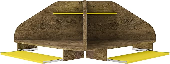 Manhattan Comfort Bradley Corner Floating Desk with Shelves &amp Gliding Keyboard Drawers Wall Mounted Table for Small Spaces Home Office and Bedroom Mid Century Modern Design Rustic Brown/Yellow