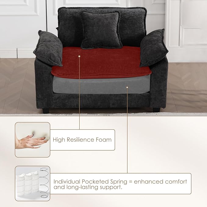 117.3 Modern Chenille Modular Cloud Sofa 3 Seater L Shaped Couch with Movable Ottoman Featuring Deep Seats and Pillows Easy Assembly Comfy Couches for Living Room Black