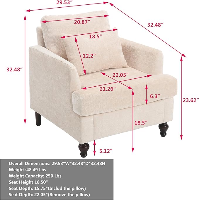 Mid Century Modern Accent Armchair for Living Room Chenille Fabric Single Sofa Chairs with Pillow Upholstered Cozy Side Reading Lounge Chair for Bedroom Club Office Apartment Beige