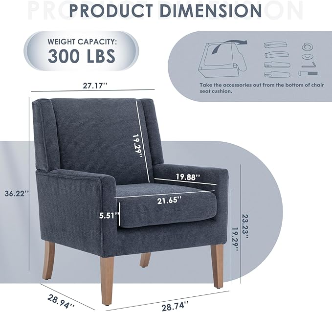 COLAMY Modern Wingback Living Room Chair Upholstered Fabric Accent Armchair Single Sofa Chair with Lounge Seat and Wood Legs for Bedroom/Office/Reading Spaces Blue