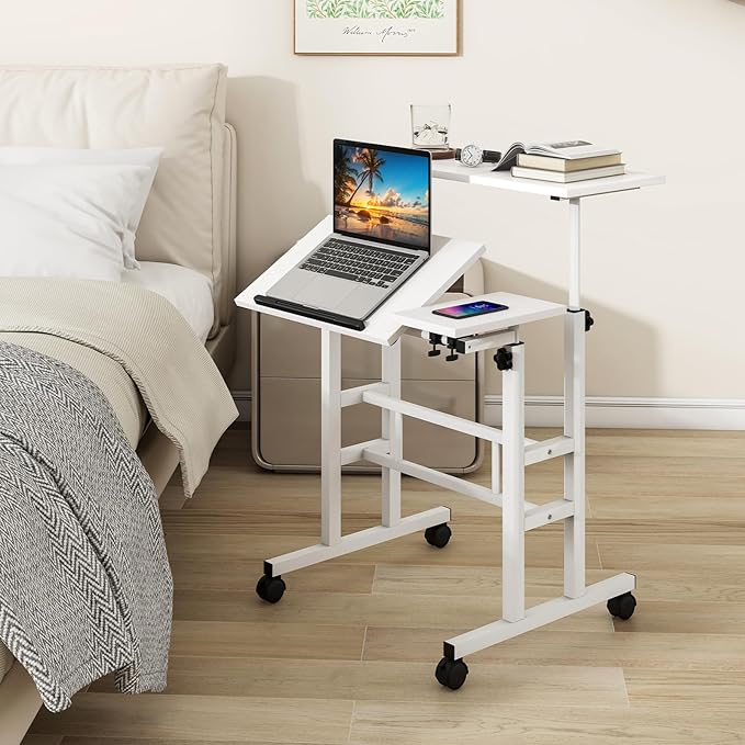 Tangkula Mobile Stand Up Desk Height Adjustable Home Office Desk with Standing &amp Seating 2 Modes Tilting Tabletop &amp Flexible Wheels Rolling Laptop Cart Sit Stand Desk (White)