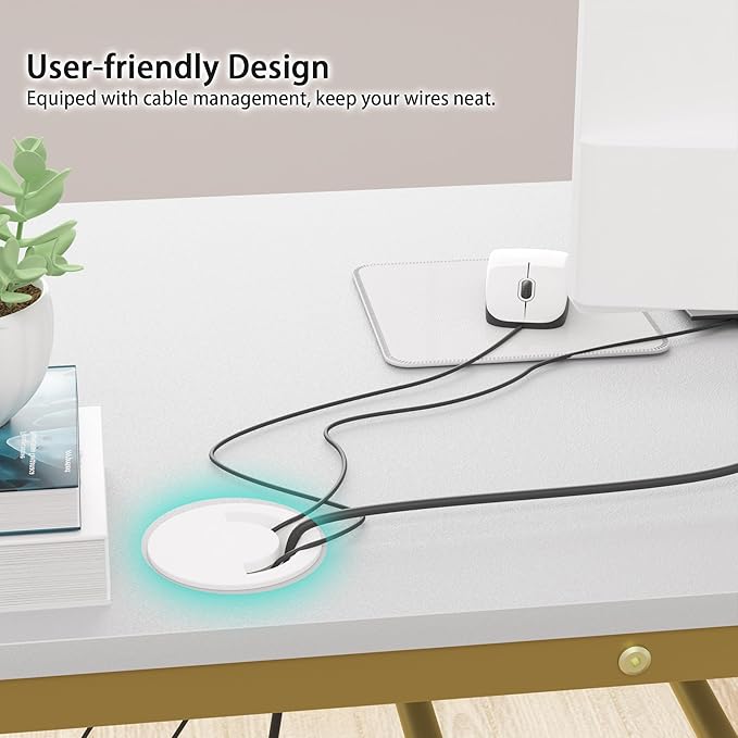 Weehom Computer Desk with Drawers Home Office Desk for Writing Studying and Gaming - Sturdy and Spacious Workstation for PC and Laptop(White and Gold)