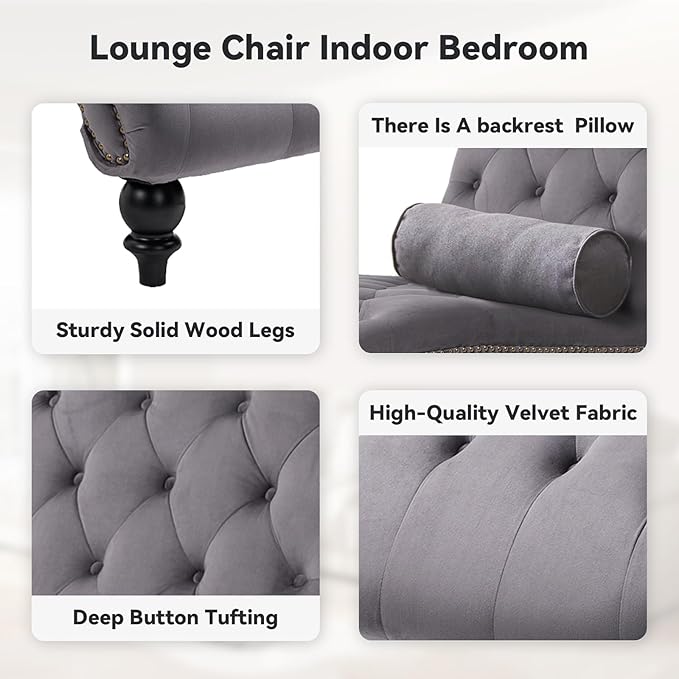 Velvet Chaise Lounge Chair Indoor Comfy Upholstered Chaise Lounge with Pillow and Solid Wood Legs Button Tufted Leisure Sofa Recliner for Living Room Bedroom Office Apartment(GY)