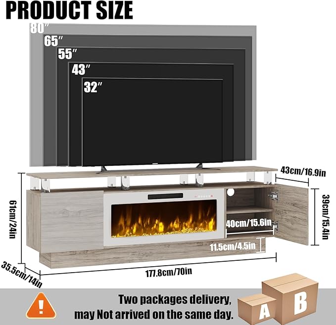 70 Modern Fireplace TV Stand with 36 Electric Fireplace for TVs Up to 80 inch Luxury LED Light Entertainment Center with High Gloss Cabinet (Grey with White Fireplace 70 (8 Acrylic Posts))