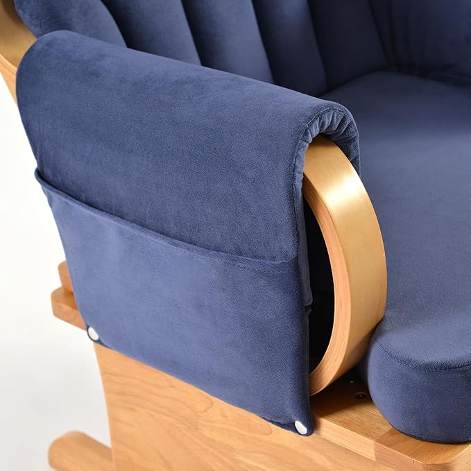 Solid Wood Glider Gentle Rocking Chair Stylish Modern Glider Rocker with Padded Cushion Smooth Rocking Motion Indoor Living Room ReadingWatchingSleeping Beech Color+Blue