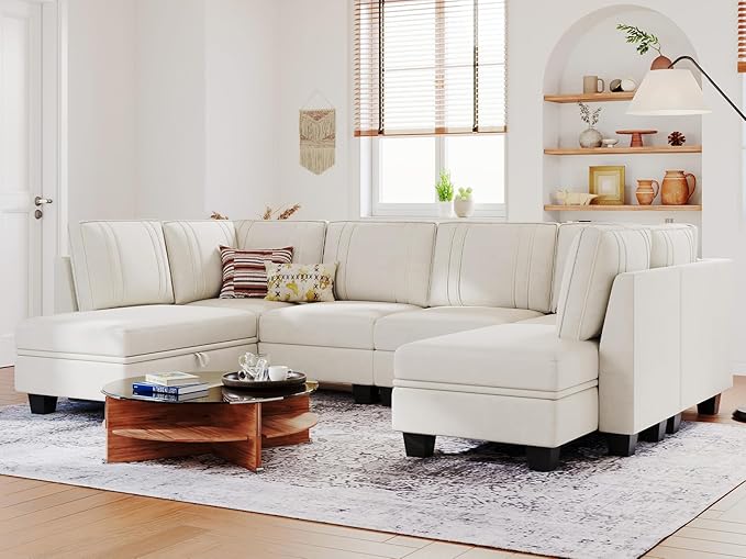 Belffin Sectional Couch with Storage Ottoman Convertible U-Shape Sectional Couch for Living Room Beige