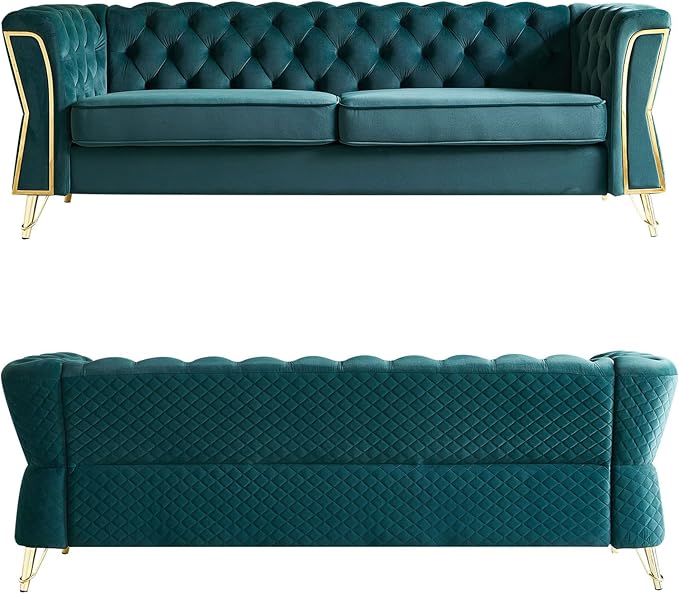 Modern Velvet Sofa Couch for Living Room 87.4 Inch Long Tufted Unique Upholstered Couch Oversized Sofa Decor Furniture with Golden Metal Legs (Green)